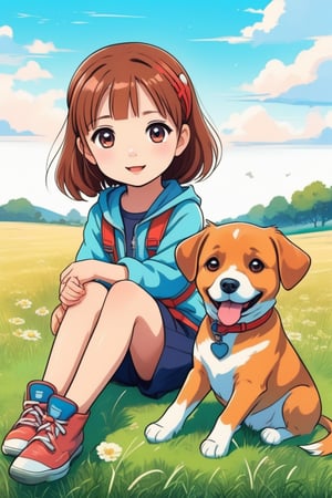 A cute adorable girl with a dog sitting on a grass field,, anime style,