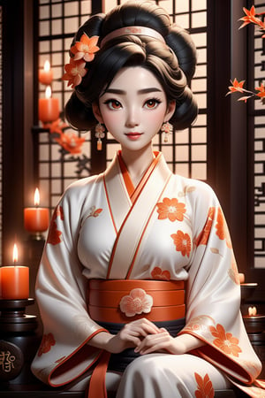 a woman wearing kimono is sitting near two candles, in the style of ethereal portraits, chinapunk, enchanting lighting, dark orange and white, made of flowers, 32k uhd, he jiaying