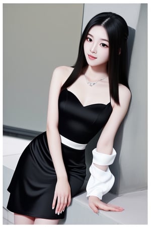 Korean girl with silky straight long black hair, exudes elegance and charm. Face: diamond face, fine with delicate curves and black mouth cover, with deep blue eyes and mysterious gaze, fine and upturned nose. Here are some details to consider: Silhouette: Create a classic athletic body shape, long slim legs with thin heels. Neckline: sweetheart neckline bridesmaid black dress, perfect radiate a carefree and feminine vibe. Sleeve length: Consider a sleeveless design and mini skirt,wo_stoya02