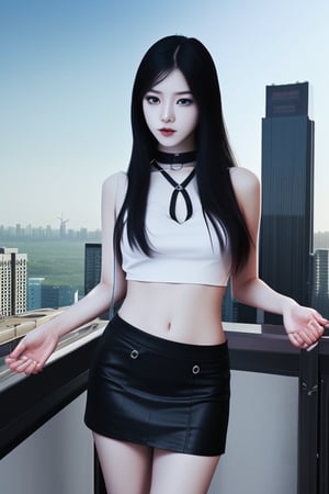 photorealistic, corean gothic girl, Adjusted black clothes, straight long black hair, blue eyes, long legs, black miniskirt, arms discovered on the skyscraper roof , thin body,