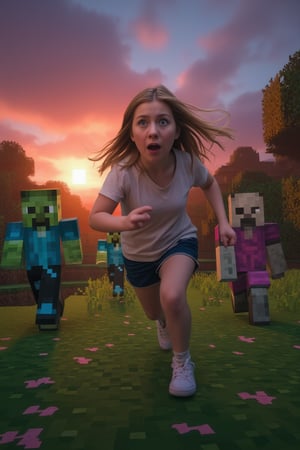 A hybrid-style scene of a realistic girl with detailed features, running away in fear from a group of hostile Minecraft creatures like Zombies, Creepers, and Skeletons. She is sprinting across a pixelated landscape, with blocky hills and trees behind her. The scene is set at dusk, with deep shades of orange and purple filling the sky as the sun sets, casting long shadows over the terrain. The low-poly style of the Minecraft world contrasts with the girl's natural appearance, creating a visually striking mix of realism and pixelated textures. The creatures give chase with menacing expressions, adding urgency to the scene,RealCraft