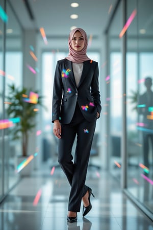 A businesswoman with a sharp tailored suit posing confidently through a modern office space at midday. The scene is captured from a low-angle shot, highlighting her assertive stance. Prismatic kaleidoscope lighting creates a spectrum of colors on the businesswoman's surface, with fragmented reflections emphasizing her dynamic role. The background features sleek glass walls and minimalist decor, all blurred to accentuate the businesswoman's presence. The bright office lighting enhances the overall professional atmosphere.

(1.6-1) dS = δQ_rev/T::0.7 businesswoman::0.3 modern office space --s prismatic kaleidoscope lighting effects,PrismKaleidoscope,BusinesswomanHijab