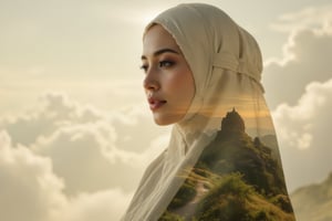 A double exposure photograph of a woman wearing an elegant telekung, with intricate fabric textures and soft details, overlaid with a paradise-like heavenly landscape. The background reveals a serene setting with soft clouds, gentle rays of light, and lush greenery, creating an ethereal effect. Soft, radiant lighting enhances the harmonious blend of the telekung's delicate textures with the tranquil, heavenly scene, producing a peaceful and elegant composition,Stylized Double Exposure,Blend In Double Exposure,cinematic dramatic color style