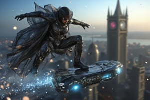 A breathtaking action scene in a gothic grace style, featuring a futuristic stylo hijabi woman surfing on air atop a sleek hoverboard. She is gliding at high speed through the sky, with her hijab flowing dramatically behind her. The scene is captured in a fast-action time freeze, showcasing the dynamic motion as she slices through the air with grace and power. Her attire is a mix of modern techwear and gothic elements, adorned with dark, elegant patterns, while the hoverboard emits a faint glow of blue light. The background blurs into a futuristic cityscape, with towering skyscrapers and gothic-inspired architecture casting long shadows. The lighting emphasizes the speed and intensity of the moment, with the frozen air and small particles suspended in motion. The atmosphere exudes a sense of both power and elegance as she dominates the skies with style.,stylohijabi,cinematic dramatic color style,GothicGrace