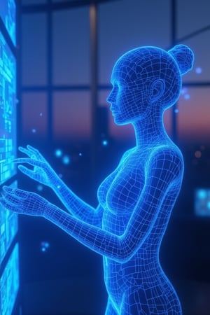 A neon glowing wireframe humanoid woman with radiant blue lines, manipulating the virtual digital holographic world through a sleek, futuristic control room at dusk. The scene is captured from a wide-angle shot, highlighting her hands as they interact with holographic panels, with neon patterns tracing her arms. Soft, ambient lighting from the holographic displays creates glowing reflections on her surface, with the neon lines emphasizing the fluidity of her movements. The background features blurred digital displays and floating icons, all accentuating her command over the virtual space. The dim, violet sky outside the windows enhances the technological, sophisticated atmosphere.
(1.6-1) d S = δ Q rev T::[0.9] neon_wireframe_woman::[1.1] holographic_room --s 7,Neon Glow,Wireframe,Neon Wireframe,Holographic Network,Futuristic Avatar,Hologram,Cyberpunk,Futuristic technology,Neon lighting,Virtual Interface,Glowing effects,High-tech interface,digital glow,digital projection,Augmented reality