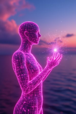 A neon glowing wireframe humanoid woman with vivid pink lines, navigating a virtual galaxy through a floating control interface at dawn. The scene is captured from a dynamic, top-down angle, highlighting the glowing constellations she adjusts with her fingertips. Soft, early morning light filters through the digital space, casting delicate reflections on her neon wireframe body, with the pink lines emphasizing her connection to the virtual cosmos. The background features swirling galaxies and stars, all blurred to accentuate her precise manipulation. The pastel sky adds a surreal, dreamlike quality to the scene.
(1.6-1) d S = δ Q rev T::[0.8] neon_wireframe_woman::[1.2] virtual_galaxy --s 6
,Neon Glow,Wireframe,Neon Wireframe,Holographic Network,Futuristic Avatar,Hologram,Cyberpunk,Futuristic technology,Neon lighting,Virtual Interface,Glowing effects,High-tech interface,digital glow,digital projection,Augmented reality