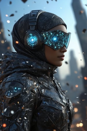 A stunning action scene from a 1st-person point of view, showing a futuristic stylo hijabi woman swifting towards the ground at breakneck speed on her sleek hoverboard. Her high-tech visor features an intricate holographic display, glowing with data and scanning visuals, reflecting the fast-paced environment. The visor casts a soft blue glow on her face, highlighting the sharp lines of her techwear with gothic accents. The scene is backlit, capturing the intense motion from behind, as her hijab flows wildly in the wind. Special effects of light streaks and motion lines surround her, depicting the incredible speed as she descends towards a futuristic city below. The ground looms closer, with towering gothic-inspired skyscrapers and tech-enhanced architecture flashing by. The entire scene pulses with energy, showcasing the perfect blend of speed, grace, and cutting-edge technology in a dramatic, action-packed moment, stylohijabi,cinematic dramatic color style,GothicGrace