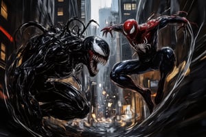 The scene depicts two powerful figures in a dramatic showdown. On the left, Venom, with his dark, sinewy form and jagged teeth, crouches low, ready to pounce, his tendrils writhing around him like living shadows. His muscles ripple with power, and his white spider emblem stands out starkly against his inky black skin. Venom’s expression is one of feral intensity, as if he is savoring the chaos about to unfold.

On the right, Spider-Man stands poised, balanced effortlessly on a ledge, his classic red-and-blue suit stretched taut over his lean, athletic frame. His fingers are spread, ready to unleash a web, his eyes narrowed in focus. Behind him, a web-strewn cityscape looms, with the lights of skyscrapers piercing through the darkness, adding an urban tension to the scene.

The art style blends the high-contrast, dramatic tones of comic book realism with dynamic, cinematic lighting. The scene’s shadows and highlights create a high-stakes atmosphere, while the motion-blurred background hints at the speed and agility of both combatants. The close, action-oriented shot captures the raw, almost animalistic power of Venom against the agile, determined stance of Spider-Man, setting the stage for an epic clash.,WildfireFury,Fantasy detailers 