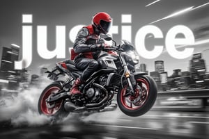 IMG_1998.HEIC Coquelicot red-masked rider riding a motorcycle at high speed, selective coloring, grey monochrome, big white text "justice" in half opacity on background between the rider and a blurred city skyline.,SelectiveImpact,Monochrome Pop,reda