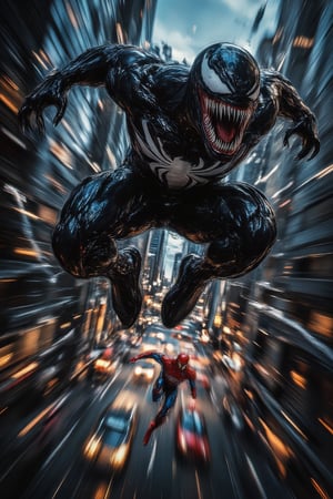 The scene depicts a high-speed chase through the towering skyscrapers of New York City, captured in dynamic, action-packed moments. Venom, with his dark, muscular form and jagged teeth, swings aggressively through the air using thick, black tendrils that resemble webbing. His movements are powerful and chaotic, with his tendrils lashing out like living shadows, propelling him forward with raw force. Venom’s expression is one of fierce determination, his eyes locked on his target.

Ahead of him, Spider-Man moves with incredible agility, using his own webbing to glide smoothly between buildings. His classic red-and-blue suit contrasts sharply against the urban backdrop, and his movements are fluid and precise, showcasing his years of experience. The city below is a blur of lights and motion, with neon signs and car headlights streaking through the night, adding a sense of speed and urgency to the chase.

The art style blends comic book realism with a cinematic, high-contrast look, emphasizing the tension and energy of the pursuit. The scene’s vibrant colors and dramatic shadows create a sense of depth, while the motion-blurred skyscrapers convey the intense speed of the chase. The close, mid-air perspective captures the raw power of Venom and the agile grace of Spider-Man, setting the stage for an epic clash above the city streets,WildfireFury,Fantasy detailers,High Speed