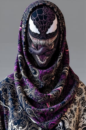 A high-quality fashion mockup of a long hijab design featuring an integration of Venom’s character with traditional batik patterns. The hijab fabric showcases elegant batik motifs—swirls, florals, and geometric patterns—blended with Venom's iconic features such as sharp teeth, tendrils, and muscular form, seamlessly flowing across the fabric. The dominant colors are deep black, white, and shades of dark purple, creating a bold and edgy contrast while maintaining the elegance of traditional batik. The mockup captures the hijab draped gracefully, highlighting the detailed patterns and Venom’s integrated design. The overall look is sophisticated yet fierce, offering a unique fusion of fashion, tradition, and modern pop culture, BatikPattern