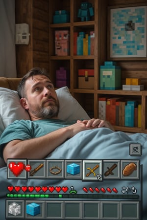 english man relaxing on bed. The man appears laidback, his facial features detailed and lifelike, contrasting with the pixelated blocks in his surroundings. The classic Minecraft inventory is displayed on the screen, showing various block options, while the hearts and food indicators are visible in the corner, adding a game-like feel to the scene. The background features typical Minecraft house interior, with pixelated furnitures and decorations. The scene captures a blend of realism and Minecraft’s pixelated aesthetic, highlighting the intersection between the real world and the digital game environment,RealCraft