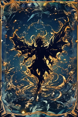 A majestic black and gold regal magical card showcasing the silhouette of a powerful dragon knight, exuding a royal class aura. The card features ornate golden borders, with intricate filigree designs and mystical symbols etched into the frame, enhancing its luxurious appeal. At the center, the dragon knight's silhouette stands tall and commanding, with wings slightly unfurled, radiating power and authority. A golden glow outlines the figure, giving it a mystical and regal essence. The background is filled with swirling black and gold patterns, resembling ancient magic and runic inscriptions, while faint rays of light shine from behind the knight, casting a divine glow. The overall composition is elegant and awe-inspiring, with the black and gold color scheme amplifying the sense of grandeur and royal prestige, making the card a rare and highly coveted treasure, BlueRegalCard,MidnightEmber,QuantumDynasty