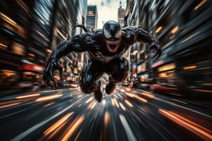 The scene depicts a high-speed chase through the towering skyscrapers of New York City, captured in dynamic, action-packed moments. Venom, with his dark, muscular form and jagged teeth, swings aggressively through the air using thick, black tendrils that resemble webbing. His movements are powerful and chaotic, with his tendrils lashing out like living shadows, propelling him forward with raw force. Venom’s expression is one of fierce determination, his eyes locked on his target.

Ahead of him, Spider-Man moves with incredible agility, using his own webbing to glide smoothly between buildings. His classic red-and-blue suit contrasts sharply against the urban backdrop, and his movements are fluid and precise, showcasing his years of experience. The city below is a blur of lights and motion, with neon signs and car headlights streaking through the night, adding a sense of speed and urgency to the chase.

The art style blends comic book realism with a cinematic, high-contrast look, emphasizing the tension and energy of the pursuit. The scene’s vibrant colors and dramatic shadows create a sense of depth, while the motion-blurred skyscrapers convey the intense speed of the chase. The close, mid-air perspective captures the raw power of Venom and the agile grace of Spider-Man, setting the stage for an epic clash above the city streets,WildfireFury,Fantasy detailers,High Speed