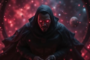 A vampire lord with glowing red eyes plotting ominously through a space station at midnight. The scene is captured from a low-angle shot, highlighting his dark cape billowing. Dim, eerie lighting creates sharp contrasts on the vampire's surface, with shadows emphasizing his sinister expression. The background features distant stars and planets, all blurred to accentuate the vampire's presence. The crimson-tinted nebula enhances the overall creepy atmosphere.

(1.6-1) dS = δQ_rev/T::0.7 vampire lord::0.3 space station --s creepy crimson vibes