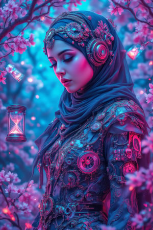 A high-definition, captivating image of a hijabi woman in steampunk attire, blending traditional modest fashion with futuristic elements. Her outfit is adorned with intricate gears, clockworks, and hourglasses, all glowing with vibrant neon blue and pink effects. The mechanical components are detailed with metallic textures, radiating a soft neon light that contrasts beautifully against the dark, industrial tones of the steampunk aesthetic. In the background, delicate cherry blossoms gently float in the air, their soft pink petals creating a serene and peaceful contrast to the mechanical scene. The lighting enhances the contrast between the warm, natural beauty of the blossoms and the cool, glowing neon effects on the gears and clockworks. The overall mood combines elegance and modernity, with the neon lighting adding a futuristic twist to the steampunk style.,NeonDystopia,SteampunkHijab