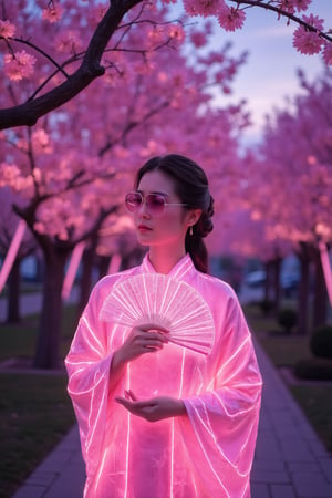 A lady in a glowing pink hanfu outlined in neon, her hand gracefully holding a fan, standing beneath vibrant neon cherry blossoms through a peaceful, futuristic temple garden at twilight. The scene is captured from a low angle, highlighting the neon outlines of her fan as it reflects the cherry blossoms' glow. Soft neon lighting creates a magical glimmer on her attire’s surface, with luminous accents emphasizing her serene expression. The background features blurred neon branches, all softened to emphasize her stillness. The neon sky complements the tranquil atmosphere.
(1.6-1) d S = δ Q rev T::[0.7] [lady]::[0.3] [neon-cherry_blossoms] --s [neon-hanfu],PTAIHanfu, Enchantment, Neon Wireframe,Carrera 5623 PD,sunglass