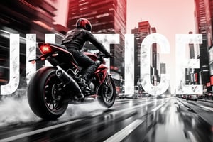 IMG_1998.HEIC Coquelicot red-masked rider riding a motorcycle at high speed, selective coloring, grey monochrome, big white text "justice" in half opacity on background between the rider and a blurred city skyline.,SelectiveImpact,Monochrome Pop,reda