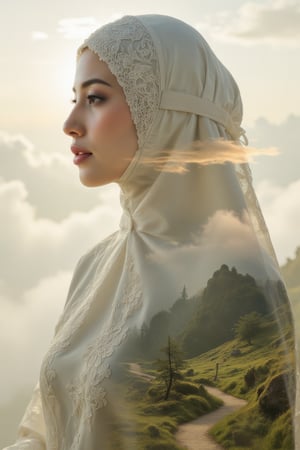 A double exposure photograph of a woman wearing an elegant telekung, with intricate fabric textures and soft details, overlaid with a paradise-like heavenly landscape. The background reveals a serene setting with soft clouds, gentle rays of light, and lush greenery, creating an ethereal effect. Soft, radiant lighting enhances the harmonious blend of the telekung's delicate textures with the tranquil, heavenly scene, producing a peaceful and elegant composition,Stylized Double Exposure,Blend In Double Exposure,cinematic dramatic color style