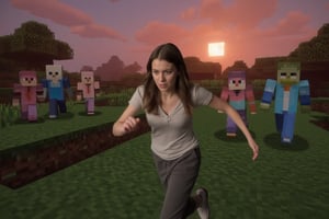 A hybrid-style scene of a realistic girl with detailed features, running away in fear from a group of hostile Minecraft creatures like Zombies, Creepers, and Skeletons. She is sprinting across a pixelated landscape, with blocky hills and trees behind her. The scene is set at dusk, with deep shades of orange and purple filling the sky as the sun sets, casting long shadows over the terrain. The low-poly style of the Minecraft world contrasts with the girl's natural appearance, creating a visually striking mix of realism and pixelated textures. The creatures give chase with menacing expressions, adding urgency to the scene,RealCraft