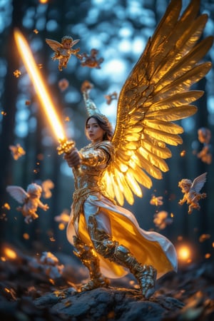 A glowing winged archangel in a powerful warrior pose, holding a radiant sword that emits a blinding glow. Mini cupid angels, made of jigsaw puzzle pieces, are disintegrating around the archangel as they float and scatter into the air. The scene is set against an ethereal background with vivid blue and purple hues, bathed in a soft, celestial light. The archangel's golden wings and sword glow intensely, creating a contrast with the fading puzzle-like cupids, adding a dynamic and otherworldly atmosphere