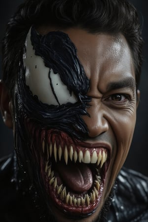 A hyperrealistic portrait of an Asian man, his left side transformed into Venom, with a thick, black symbiotic tendril snaking across his face, partially obscuring his left eye. His right side retains his human appearance, showcasing a roaringly angry expression, with wide eyes and bared teeth. The focus is on the stark contrast between the two halves of his face, highlighting the Venom symbiote's slick, textured skin against the man's natural features, capturing the intense struggle between the human and alien entity. Chiaroscuro lighting casts deep shadows across his face, enhancing the dramatic division between the dark symbiote and the lit human side. The Venom symbiote is rendered in deep blacks, reds, and blues, creating a vivid contrast with the man's natural skin tones. The background is dark and abstract, keeping the attention on the intensity of the transformation.\\\n,Amrulqays