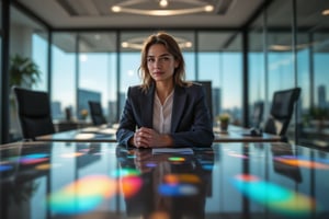 A businesswoman with a sharp tailored suit posing confidently through a modern office space at midday. The scene is captured from a low-angle shot, highlighting her assertive stance. Prismatic kaleidoscope lighting creates a spectrum of colors on the businesswoman's surface, with fragmented reflections emphasizing her dynamic role. The background features sleek glass walls and minimalist decor, all blurred to accentuate the businesswoman's presence. The bright office lighting enhances the overall professional atmosphere.

(1.6-1) dS = δQ_rev/T::0.7 businesswoman::0.3 modern office space --s prismatic kaleidoscope lighting effects,PrismKaleidoscope,Businesswoman,Businesswomanpose