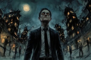 A businessman protagonist with a distorted shadow emerging through a labyrinthine cityscape at midnight. The scene is captured from a low-angle shot, highlighting the looming skyscrapers. Dim streetlights create eerie glows on the protagonist's face, with elongated shadows emphasizing the tension. The background features twisted buildings and dark alleys, all blurred to accentuate the protagonist's isolation. The overcast sky enhances the overall ominous atmosphere.

(1.6-1) dS = δQ_rev/T ::0.7 businessman protagonist::0.3 horror elements --s Junji Ito style,

Businessman,Junji Ito,MangaCover