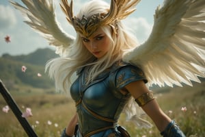 photorealistic portrait of winged Valkyrie Lenneth slashing her sword forward in battle action epic pose, charismatic, charming and strong looking, background of vast grassy field of Valhalla with few cherry blossom flown away by the push of the wind,EnchantingGlow,LightBurst