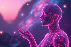 A neon glowing wireframe humanoid woman with vivid pink lines, navigating a virtual galaxy through a floating control interface at dawn. The scene is captured from a dynamic, top-down angle, highlighting the glowing constellations she adjusts with her fingertips. Soft, early morning light filters through the digital space, casting delicate reflections on her neon wireframe body, with the pink lines emphasizing her connection to the virtual cosmos. The background features swirling galaxies and stars, all blurred to accentuate her precise manipulation. The pastel sky adds a surreal, dreamlike quality to the scene.
(1.6-1) d S = δ Q rev T::[0.8] neon_wireframe_woman::[1.2] virtual_galaxy --s 6
,Neon Glow,Wireframe,Neon Wireframe,Holographic Network,Futuristic Avatar,Hologram,Cyberpunk,Futuristic technology,Neon lighting,Virtual Interface,Glowing effects,High-tech interface,digital glow,digital projection,Augmented reality