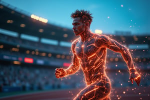 A close-up of a man made of glowing neon wireframe lines with no fill, sprinting in a futuristic stadium at midday. The scene is captured from a side, mid-torso angle, highlighting the glowing lines around his arms and legs. Bright, direct lighting creates intense glows on the wireframe surface, with the neon lines emphasizing his speed. The background features blurred stadium structures and crowds, enhancing the focus on the man’s rapid motion. The clear blue sky adds to the vibrant, high-energy atmosphere.
(1.6-1) d S = δ Q rev T::[1.2] neon_wireframe_closeup::[0.8] futuristic_stadium --s 10,Hologram,Cyberpunk,Futuristic technology,Neon lighting,Virtual Interface,Glowing effects,High-tech interface,digital glow,digital projection,Augmented reality,Magic,Glow,Enchantment,Light,Sparkle,Mystical,Whisper,Storybook,Magicallights,divinelights,hanemperor23