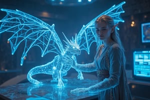 A neon glowing wireframe humanoid woman with cyan lines, assembling a digital map of the world through a sleek virtual command center at midday. The scene is captured from a front-facing, mid-shot angle, focusing on the holographic world projection she manipulates with precision. Bright, direct lighting from virtual screens creates soft glows on her wireframe body, with cyan lines emphasizing the seamless connection between her hands and the digital world. The background features blurred virtual data feeds and command consoles, all accentuating her role as the orchestrator of this holographic domain. The bright, artificial lighting adds to the clean, technological atmosphere. (1.6-1) d S = δ Q rev T::[1.2] neon_wireframe_woman::[0.8] digital_command_center --s 10,Magic,Glow,Enchantment,Light,Sparkle,Mystical,Whisper,Storybook,Magicallights,divinelights,Neon Glow,Wireframe,Neon Wireframe,Holographic Network,Futuristic Avatar,1girl, (((dragon, sitting on arm, spread wings, ))) The wings are spread to its full size, stressing the anormity of the dragon. The dragon has something mysterious about it. It is a dragon that looks really big and majestic, beautiful, wondrous. Its beak look like a dragon beak, its talons also, both beak and talons very strong and curved like a dragon of prey. The soft bluish black feathers are plain beautiful. The girl is a misterious elven girl with pointed ears and wavy blond hair. She is beautiful. She wears a long silvery robe with golden embroidering. On her belt she has leather pouches. (((the dragon is landing on arm))), (((no relaxed wings, agitated))), (((number of talons is 4 talons on each foot))), (((same claw position for both feet))), (((feet tightly around surface))),A mysterious bat that looks evil. The bat holds itself on a branch. It has a creepy red skin and giant ears. The eyes are cristal blue. It is looking at the viewer. The mouth is wide open to show its sharp teeth. This bat looks like the inbreed of evil itself, like it came from the dark pit itself. (((not cropped))),sitting on branch,flying
,Neon Glow,Wireframe,Neon Wireframe,Holographic Network,Futuristic Avatar,Hologram,Cyberpunk,Futuristic technology,Neon lighting,Virtual Interface,Glowing effects,High-tech interface,digital glow,digital projection,Augmented reality,PetDragon2024xl,Magic,Enchantment,Light,Sparkle,Mystical,Whisper,Storybook,Magicallights,divinelights