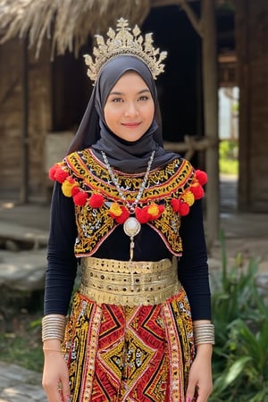 A photorealistic portrait of a woman wearing layered flowy long hijab and traditional Iban attire from Sarawak, Malaysia. She stands proudly, adorned with a floral-decorated silver 'Sugu Tinggi' headpiece, symbolizing beauty and prestige. Her attire features intricate beadwork in yellow, red, and black geometric patterns, with red pom-poms accenting the neckline. Her waist is wrapped in a belt of golden coins, and her arms are decorated with metallic bangles. The background is Iban Longhouse, drawing attention to the vivid colors and textures of her attire. Soft lighting emphasizes the craftsmanship, highlighting the heritage and pride in her expression,IbanAttireXmiya,FaisaCh