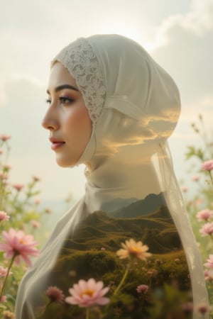 A double exposure photograph of a woman wearing an elegant telekung, with intricate fabric textures and soft details, overlaid with a paradise-like heavenly landscape. The background reveals a serene setting with soft clouds, gentle rays of light, and lush greenery, creating an ethereal effect. Soft, radiant lighting enhances the harmonious blend of the telekung's delicate textures with the tranquil, heavenly scene, producing a peaceful and elegant composition,Stylized Double Exposure,Blend In Double Exposure,cinematic dramatic color style