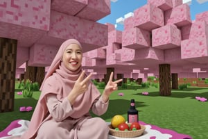 A close-up view of a cheerful, realistic woman picnicking under cherry blossom trees in a Minecraft world background. The woman is wearing layered flowy long hijab and has a lifelike appearance with detailed facial expressions of happiness while doing a peace sign, contrasting with the pixelated nature surrounding her. She is seated on a simple picnic blanket, surrounded by food and items, all rendered in a more realistic style. Above her, pink pixelated cherry blossom trees from the Minecraft world sway gently, their blocky leaves creating a mix of shadow and light. The scene blends the woman's realism with the digital, blocky environment of the Minecraft world, emphasizing the contrast between her detailed form and the pixelated setting,RealCraft,farida