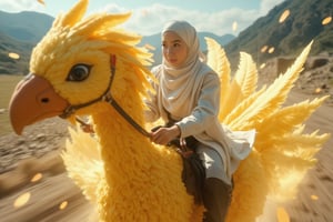 An elegant flower girl wearing layered flowy long hijab riding a bright yellow chocobo at high speed, front-centered view. Dynamic motion with wind-swept hair and motion-blurred background. Realistic style, vibrant colors, high detail, bright lighting, dramatic shadows, Riding Chocobo,farida,EnchantingGlow,LightBurst
