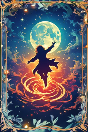 A regal playing game card depicting the silhouette of an airborne sorcerer, hovering in the night sky with one hand extended towards a glowing full moon. The sorcerer’s silhouette is dynamic, with flowing robes and energy trails emanating from his form, giving a sense of power and motion. The moon, glowing intensely with fiery hues of red and orange, appears as if it is a fireball being cast from the sorcerer's palm, with swirling flames wrapping around its edges. The background features a dark, star-speckled sky, adding depth and contrast to the scene. The card's border is adorned with intricate gold and black patterns, enhancing its regal appearance. The lighting from the fiery moon casts a dramatic glow, illuminating the edges of the sorcerer's silhouette. The scene combines magical intensity with refined elegance, creating a card that exudes power and mystique.,EnchantingGlow,LightBurst,BlueRegalCard,BlueDreams