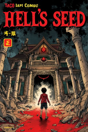 MangaCover of a japanese horror manga entitled "Hell's Seed" centering on macabre grimdark haunted house guarded by very scary asian ghosts