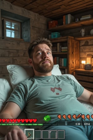 english man relaxing on bed. The man appears laidback, his facial features detailed and lifelike, contrasting with the pixelated blocks in his surroundings. The classic Minecraft inventory is displayed on the screen, showing various block options, while the hearts and food indicators are visible in the corner, adding a game-like feel to the scene. The background features typical Minecraft house interior, with pixelated furnitures and decorations. The scene captures a blend of realism and Minecraft’s pixelated aesthetic, highlighting the intersection between the real world and the digital game environment,RealCraft