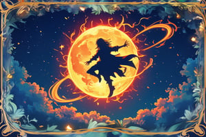 A regal playing game card depicting the silhouette of an airborne sorcerer, hovering in the night sky with one hand extended towards a glowing full moon. The sorcerer’s silhouette is dynamic, with flowing robes and energy trails emanating from his form, giving a sense of power and motion. The moon, glowing intensely with fiery hues of red and orange, appears as if it is a fireball being cast from the sorcerer's palm, with swirling flames wrapping around its edges. The background features a dark, star-speckled sky, adding depth and contrast to the scene. The card's border is adorned with intricate gold and black patterns, enhancing its regal appearance. The lighting from the fiery moon casts a dramatic glow, illuminating the edges of the sorcerer's silhouette. The scene combines magical intensity with refined elegance, creating a card that exudes power and mystique.,EnchantingGlow,LightBurst,BlueRegalCard,BlueDreams