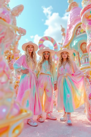 A vibrant bohemian vintage tie-dye fashion photoshoot set in a whimsical pastel Candytown wonderland universe. The models are dressed in colorful, candy-blended outfits with flowing fabrics in vivid tie-dye patterns, blending shades of pink, mint, and soft yellows. The backdrop features giant candy canes, pastel-colored buildings, and lollipop trees, creating a surreal, dreamlike environment. The lighting is soft and diffused, enhancing the pastel tones and adding a magical glow to the entire scene. The playful atmosphere is amplified by the models’ carefree poses and boho-chic accessories like oversized hats, chunky jewelry, and retro sunglasses. The candy-colored sky with cotton candy clouds adds to the otherworldly feel, making the entire scene a blend of vintage fashion and a fantastical, candy-inspired universe.,cinematic dramatic color style,VibrantGroove,EyeCandy