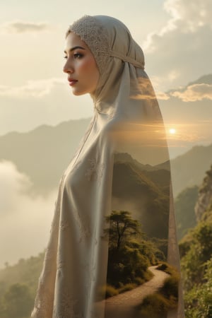 A double exposure photograph of a woman wearing an elegant telekung, with intricate fabric textures and soft details, overlaid with a paradise-like heavenly landscape. The background reveals a serene setting with soft clouds, gentle rays of light, and lush greenery, creating an ethereal effect. Soft, radiant lighting enhances the harmonious blend of the telekung's delicate textures with the tranquil, heavenly scene, producing a peaceful and elegant composition,Stylized Double Exposure,Blend In Double Exposure,cinematic dramatic color style