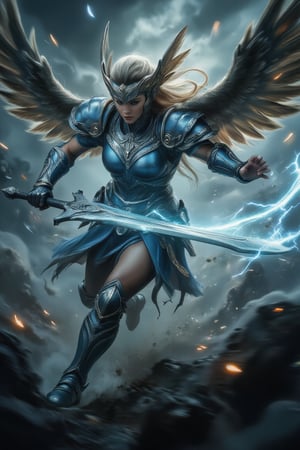 A realistic photo of the winged Valkyrie Lenneth, depicted mid-flight as she dashes forward at high speed, her sword slashing in a powerful, sweeping motion. Her metallic, silver-blue armor glistens with intense energy, accentuated by her feathered wings, blurred to convey rapid movement. The scene is set against a stormy sky, with dark, turbulent clouds faintly illuminated by an ambient glow. Dynamic lighting highlights the energy radiating from her sword, with subtle electric accents emphasizing her swift motion. The background is slightly blurred to enhance the focus on Lenneth’s fierce action and speed,swing,swinging,High Speed,Hyperspeed