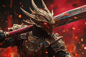 A dynamic scene in a crimson neopop expression artstyle, featuring a powerful dragonslayer wearing an intricately designed dragonhead helmet. He is thrusting his lance forward with all his might, his muscles straining with the effort. The background is filled with abstract swirls and splashes of deep crimson and black, evoking the intensity of battle. Dramatic, high-contrast lighting casts sharp highlights across his armor and weapon, creating a striking interplay of shadows. The scene is rendered with bold, rough brushstrokes and thick lines, adding a sense of movement and raw energy to the moment,Crimson NeoPop,DragonslayerArmor,Fantasy detailers 