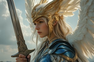 photorealistic portrait of winged Valkyrie Lenneth holding her sword upward in charismatic pose, intricate gleaming blue armor, charming and strong looking, background of sunshine cloudscapes,sunray lit her sword, EnchantingGlow,LightBurst