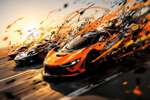 A stylized 3D render of a high-octane car race, showcasing three supercars in motion, their exaggerated aerodynamic forms accentuated by sweeping motion trails. The cars cut through a futuristic desert landscape at dusk, leaving bold streaks of color in their wake. The perspective is a low-angle close-up, emphasizing the power and speed of the machines. The sunset casts a golden glow over the horizon, contrasting against the cool metallic tones of the cars. Dust and debris swirl behind them, creating a whirlwind effect, with lighting highlights that emphasize the sheen and curvature of the speeding vehicles.,EmberPixelNoir,BrushstrokeSymphony