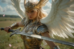 photorealistic portrait of winged Valkyrie Lenneth slashing her sword forward in battle action epic pose, charismatic, charming and strong looking, background of vast grassy field of Valhalla with few cherry blossom flown away by the push of the wind,EnchantingGlow,LightBurst