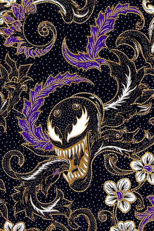 A stunning, intricately designed batik pattern where the character Venom is seamlessly integrated into the traditional fabric's motifs. The batik features elegant swirls, floral elements, and flowing lines typical of classic Indonesian batik, but with a dark, bold twist as Venom's iconic sharp teeth, tendrils, and sinister silhouette are subtly embedded within the pattern. The fabric’s color scheme plays with deep blacks, purples, and striking whites, with the patterns alternating between delicate floral details and Venom’s menacing figure. The overall effect creates a unique masterpiece that blends the elegance of batik with the dark, powerful presence of Venom, making it both intricate and bold.,BatikPattern