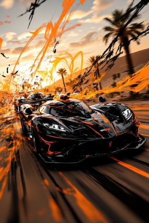 A stylized 3D render of a high-octane car race, showcasing three supercars in motion, their exaggerated aerodynamic forms accentuated by sweeping motion trails. The cars cut through a futuristic desert landscape at dusk, leaving bold streaks of color in their wake. The perspective is a low-angle close-up, emphasizing the power and speed of the machines. The sunset casts a golden glow over the horizon, contrasting against the cool metallic tones of the cars. Dust and debris swirl behind them, creating a whirlwind effect, with lighting highlights that emphasize the sheen and curvature of the speeding vehicles.,EmberPixelNoir,BrushstrokeSymphony