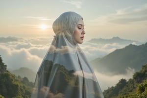 A double exposure photograph of a woman wearing an elegant telekung, with intricate fabric textures and soft details, overlaid with a paradise-like heavenly landscape. The background reveals a serene setting with soft clouds, gentle rays of light, and lush greenery, creating an ethereal effect. Soft, radiant lighting enhances the harmonious blend of the telekung's delicate textures with the tranquil, heavenly scene, producing a peaceful and elegant composition,Stylized Double Exposure,Blend In Double Exposure,cinematic dramatic color style